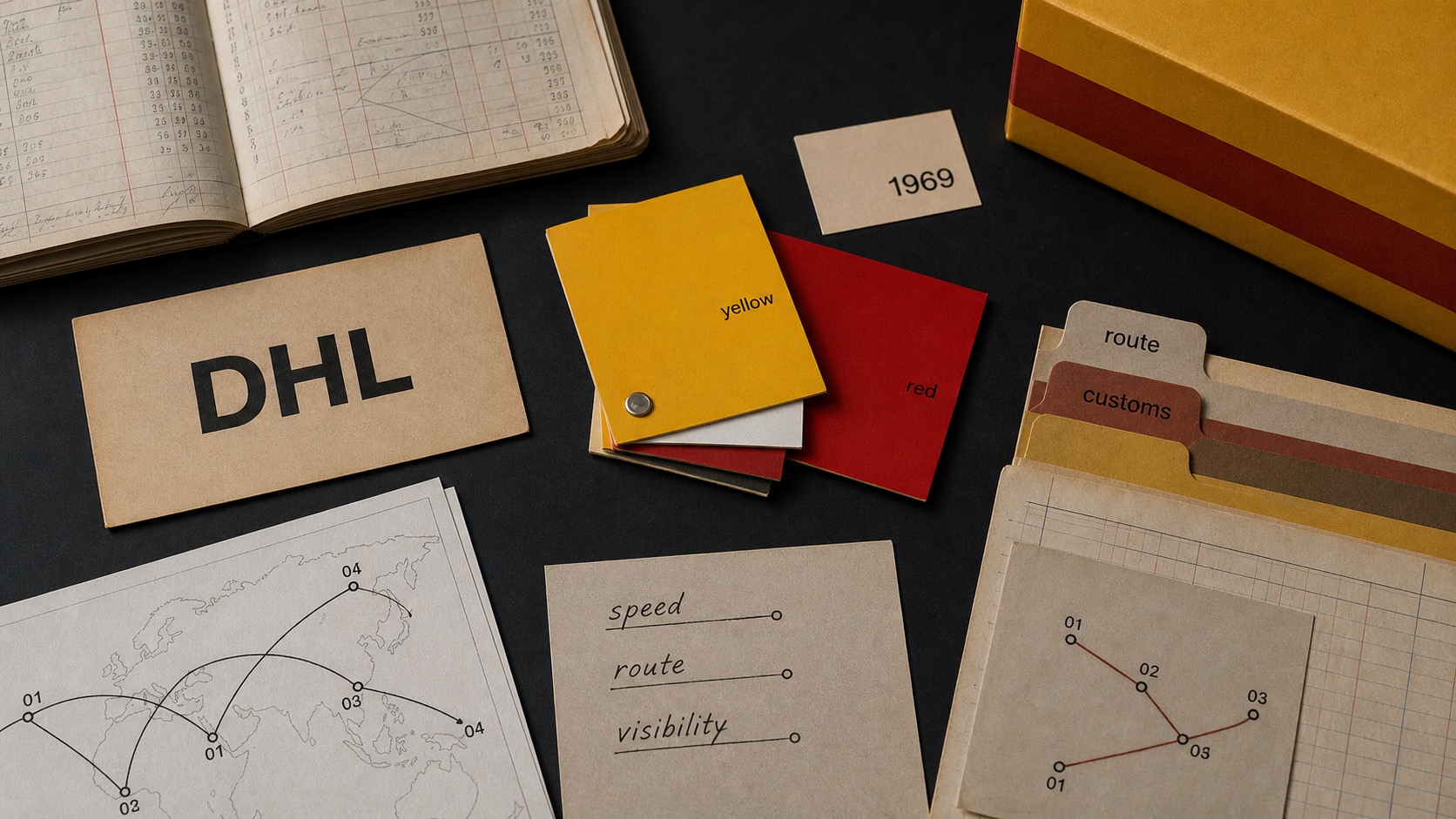 Premium editorial archive still-life of a DHL yellow-red logistics visibility system case with a source-mark card, route maps, customs tabs, parcel field, yellow and red swatches, and speed notes