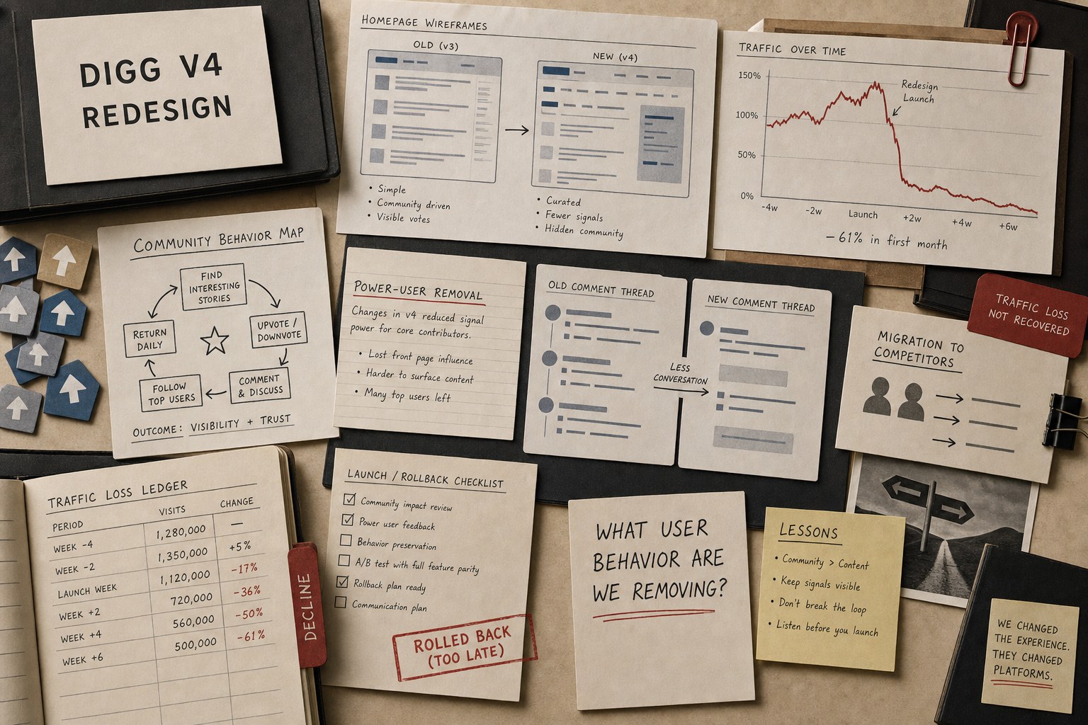 Premium editorial archive still-life of a Digg V4 redesign case with source-mark card, social-news wireframes, upvote tokens, comment cards, traffic-loss chart, community behavior map, launch rollback checklist, and user behavior removal note