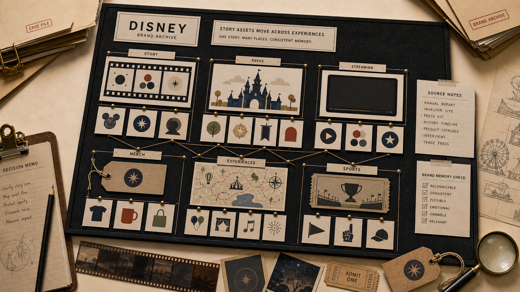 Premium editorial archive still-life of a Disney brand system case with Disney source-mark card, film strip, story asset cards, park experience card, streaming card, merchandise tags, map fragments, sports card, and brand memory checklist