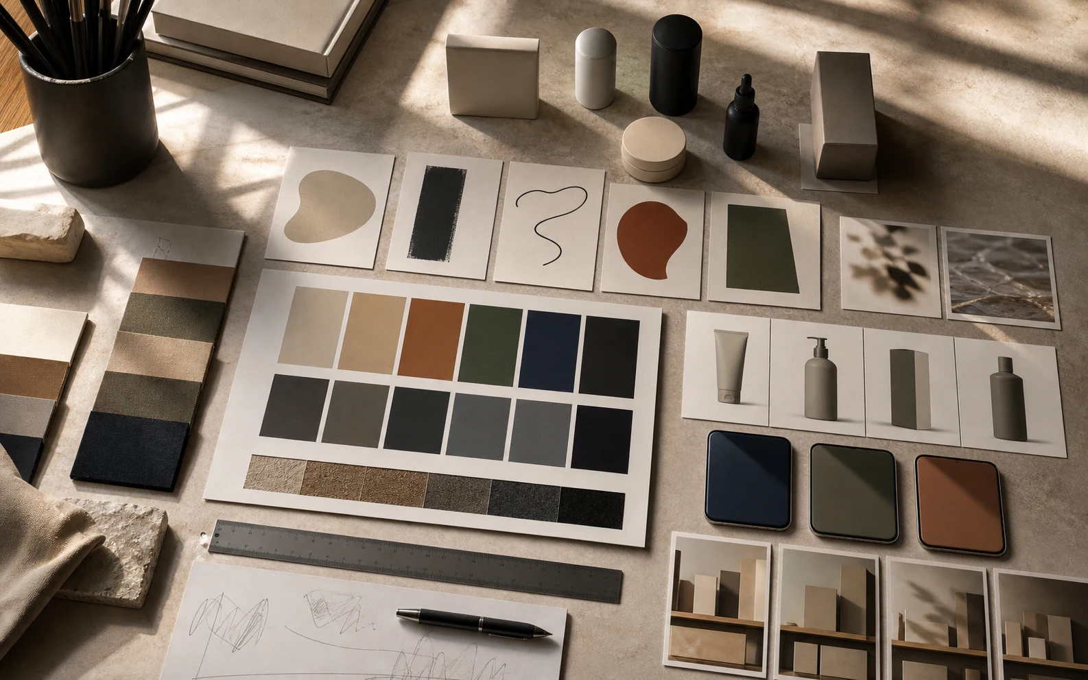 Distinctive brand asset visual showing recognition cues arranged as a grid.