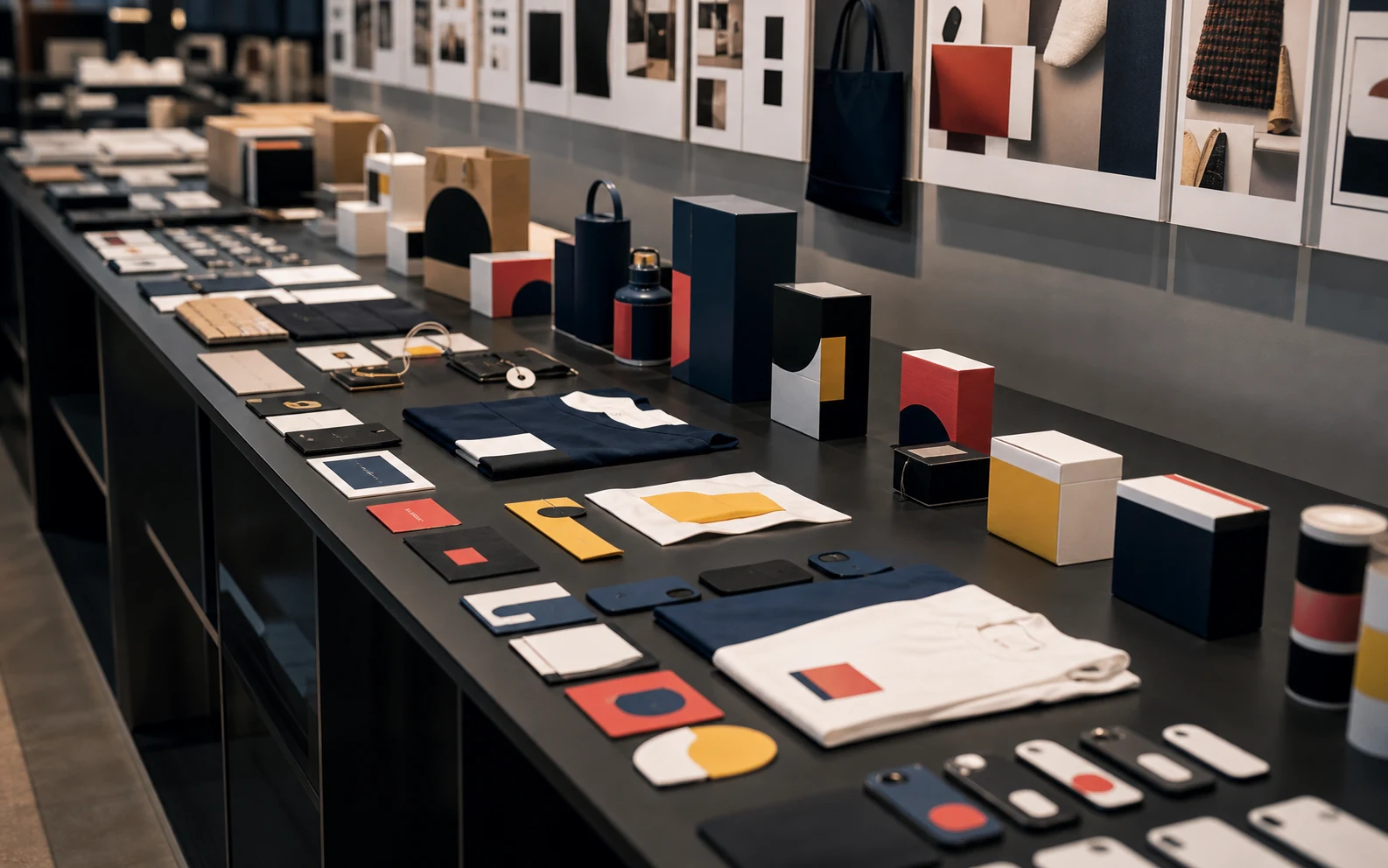 Distinctive brand asset proof surface with unbranded packaging shapes, color blocks, cropped icons, fabric tags, phone tiles, and signage fragments.