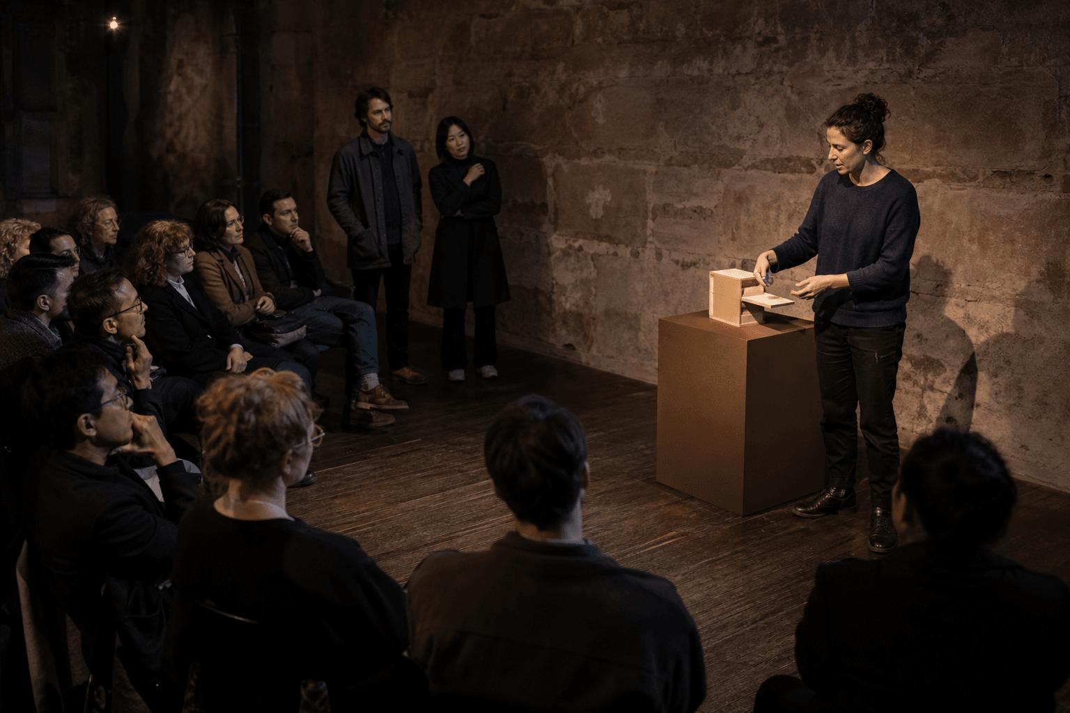 A specialist demonstrating a physical prototype to an attentive public audience.