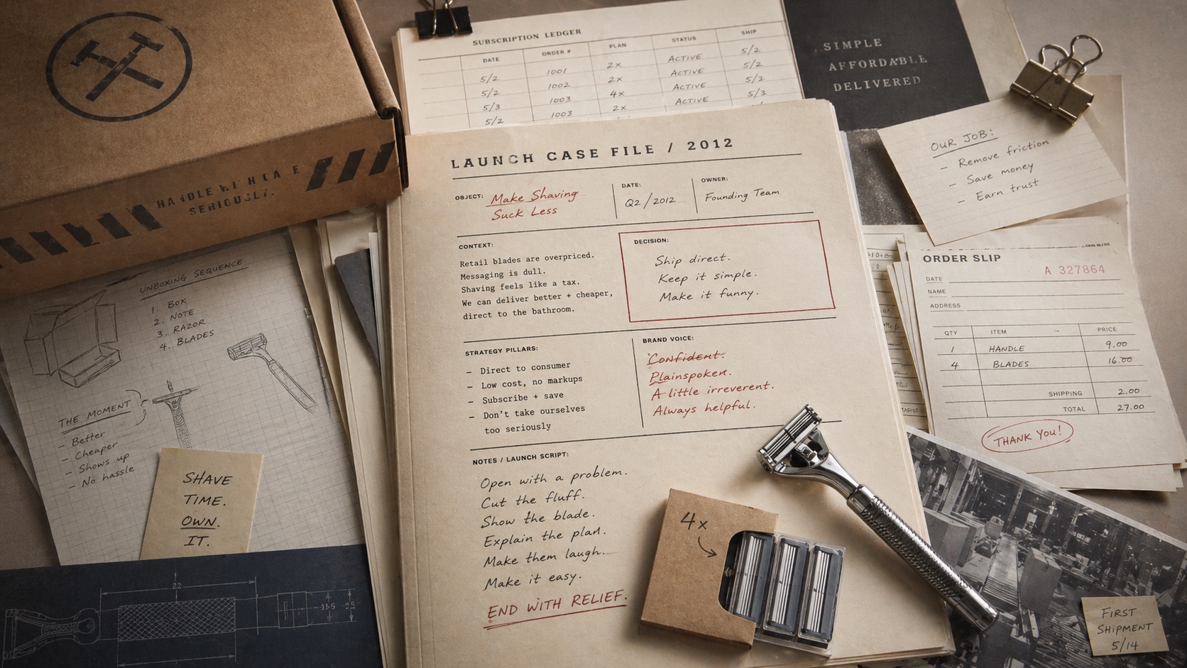 Premium editorial archive still-life of a razor mailer, subscription ledger, safety razor, and direct-to-consumer launch notes