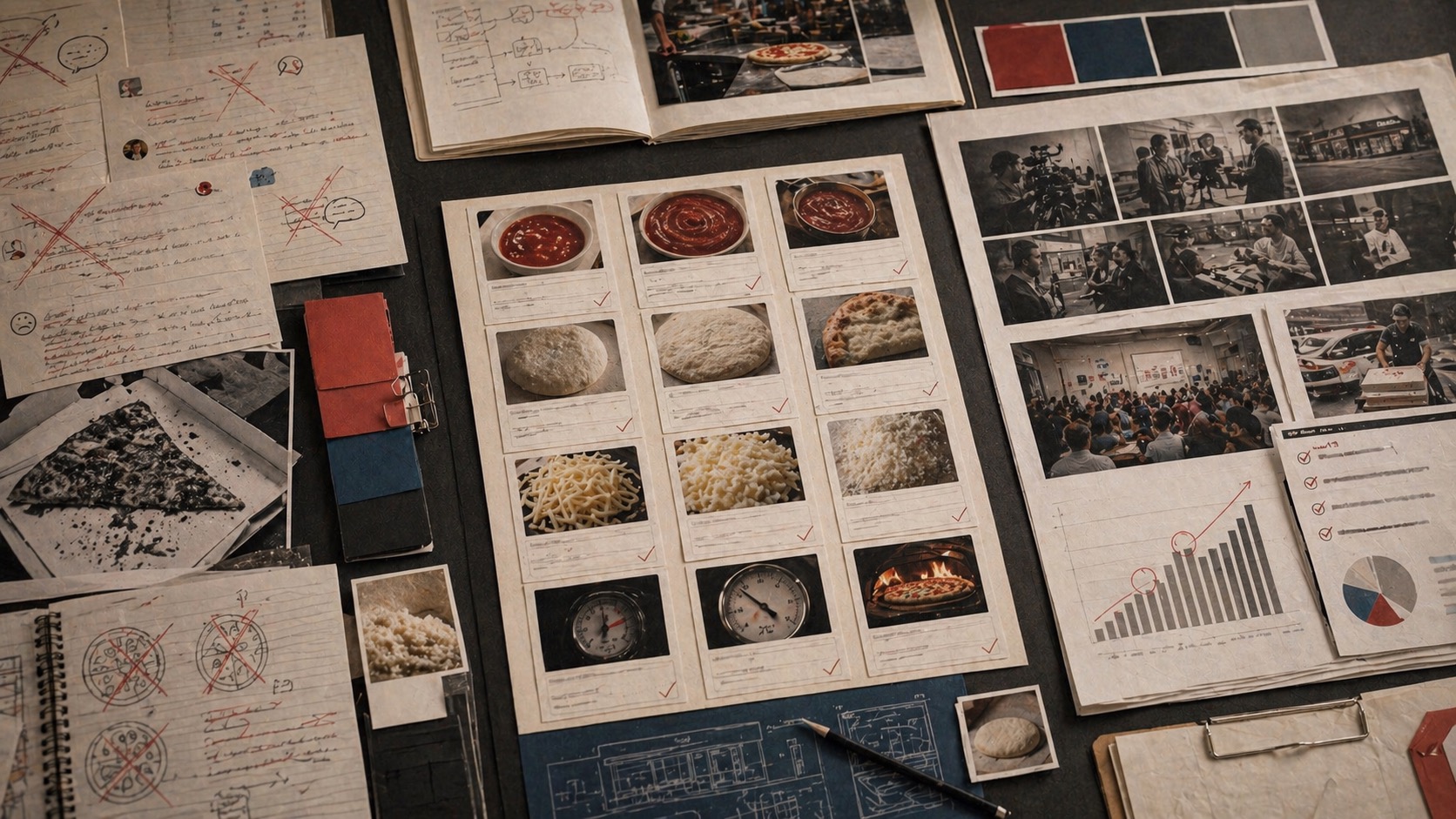 Generated archive desk showing anonymous pizza recipe tests, crossed-out feedback sheets, and public accountability planning