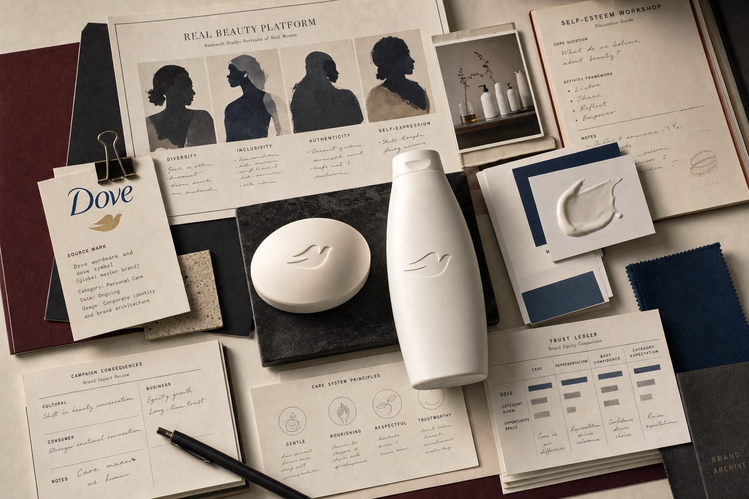 Premium editorial archive still-life of a Dove Real Beauty care-platform case with a Dove source-mark card, central white beauty bar and bottle, blue care cue cards, abstract portrait silhouette research board, self-esteem workshop notes, product texture swatch, and trust ledger