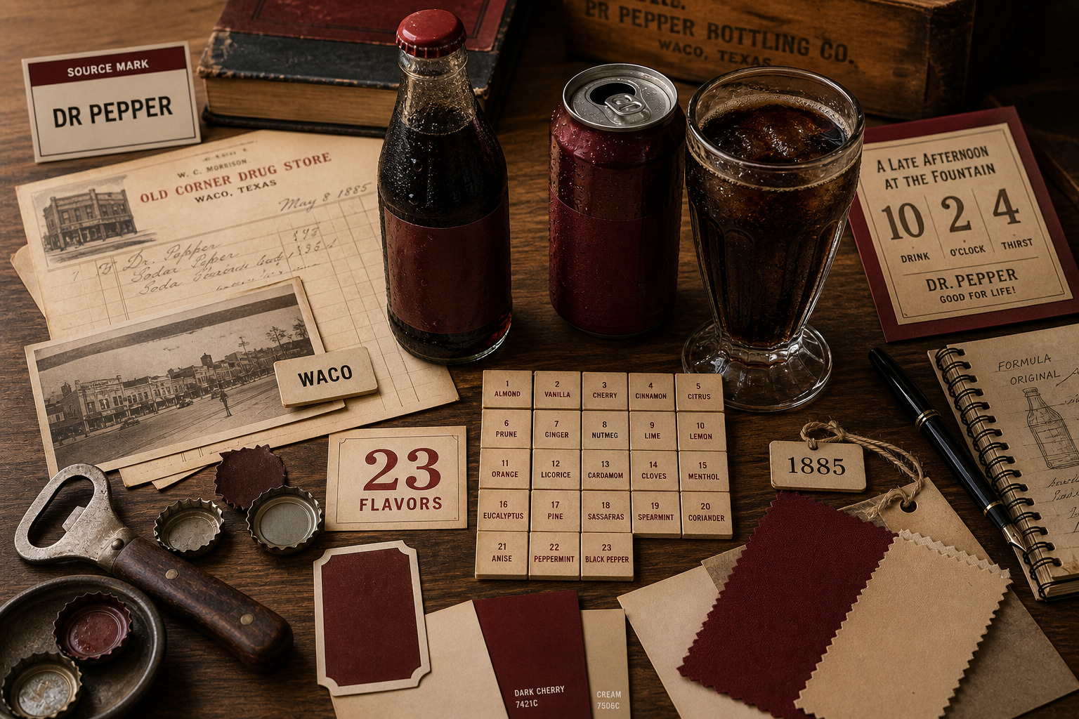 Premium editorial archive still-life of a Dr Pepper 23-flavors soda memory case with burgundy and cream drink swatches, fountain glass silhouette, bottle and can cards, 23 flavor tiles, Waco pharmacy note, 10-2-4 ad rhythm card, and 1885 origin file