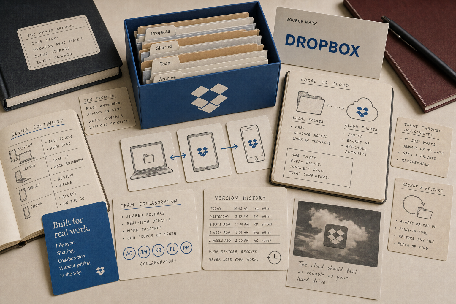 Premium editorial archive still-life of a Dropbox sync folder cloud storage case with Dropbox source-mark card, blue file box, shared folders, device continuity cards, version history, local-to-cloud diagram, and backup restore notes