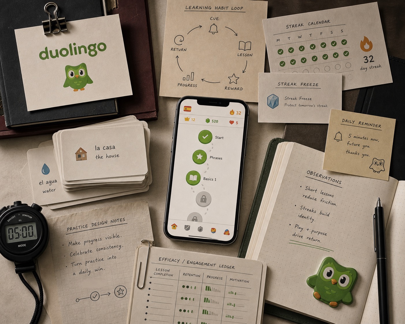 Premium editorial archive still-life of a Duolingo language habit case with a Duolingo source-mark card, central smartphone lesson path, streak calendar, flame counter, streak freeze card, language flashcards, practice timer, habit loop diagram, notebook, and engagement ledger