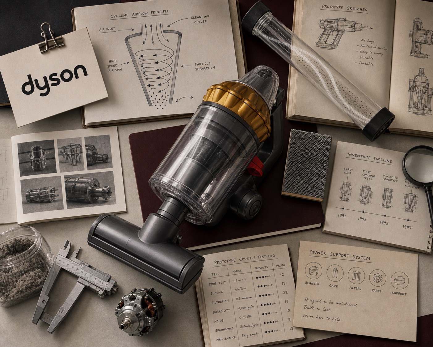 Premium editorial archive still-life of a Dyson engineering proof case with a Dyson source-mark card, central transparent cyclone vacuum prototype, airflow diagram, filtration mesh, motor part, dust sample, calipers, prototype sketches, testing log, invention timeline, and support card