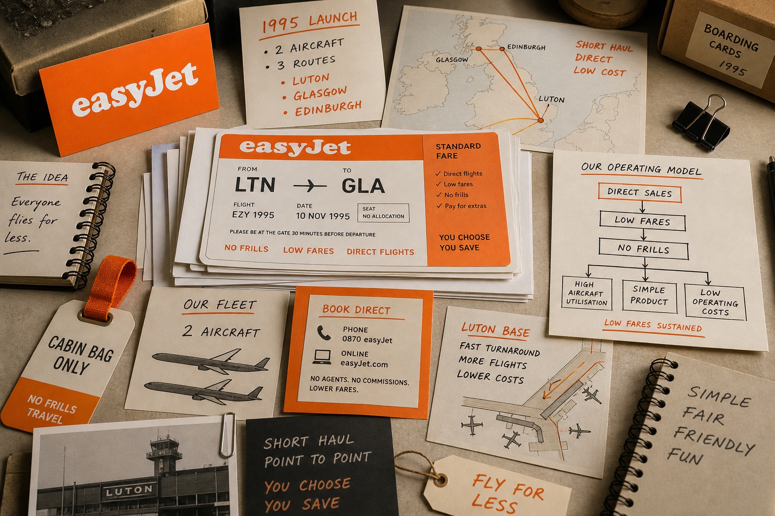 Premium editorial archive still-life of an easyJet low-cost flight case with orange source-mark card, boarding passes, Luton Glasgow Edinburgh route map, fare notes, cabin-bag tag, and direct sales diagram