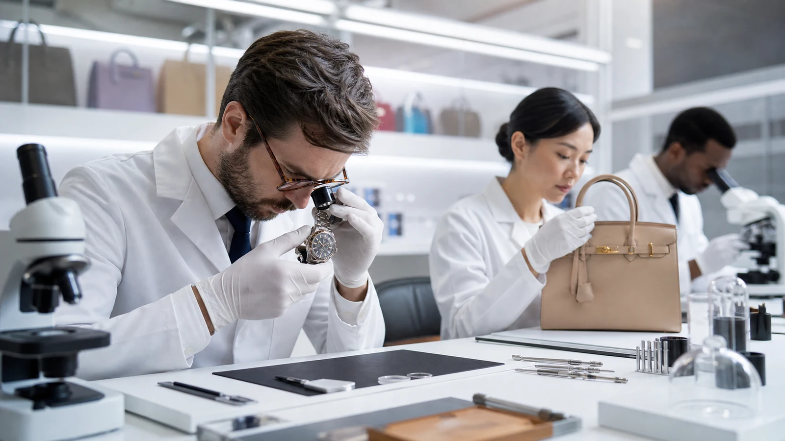 Authentication specialists examining a watch and handbag with precision tools.