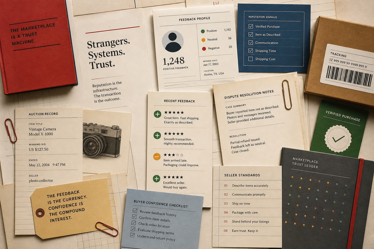 Premium editorial archive still-life of an eBay trust case with feedback score cards, reputation ledgers, auction printouts, parcel labels, dispute notes, and marketplace profile sheets