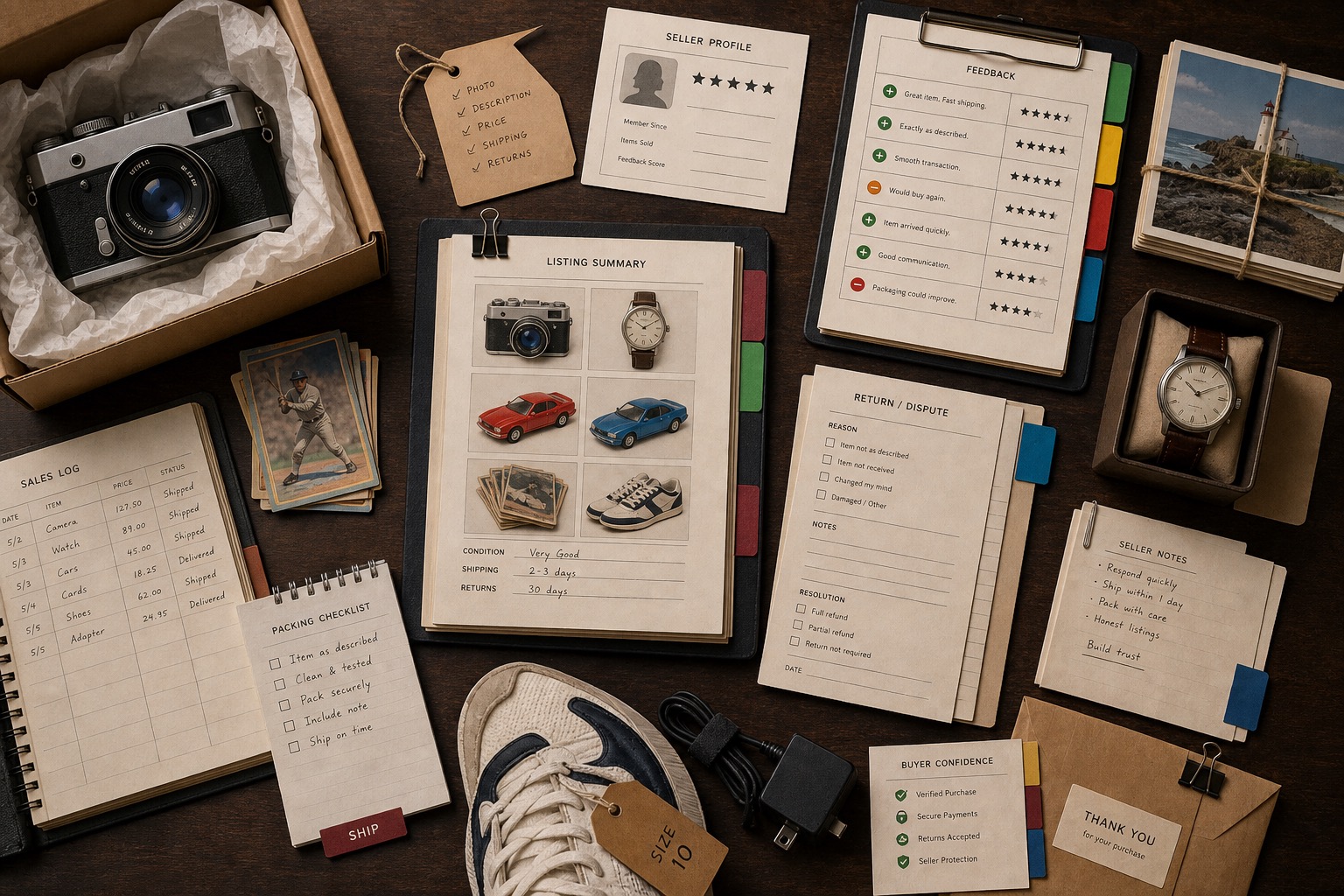 Premium editorial archive still-life of an eBay marketplace trust case with unbranded secondhand products, listing sheets, seller profile cards, feedback ledgers, packing notes, return forms, and parcel evidence