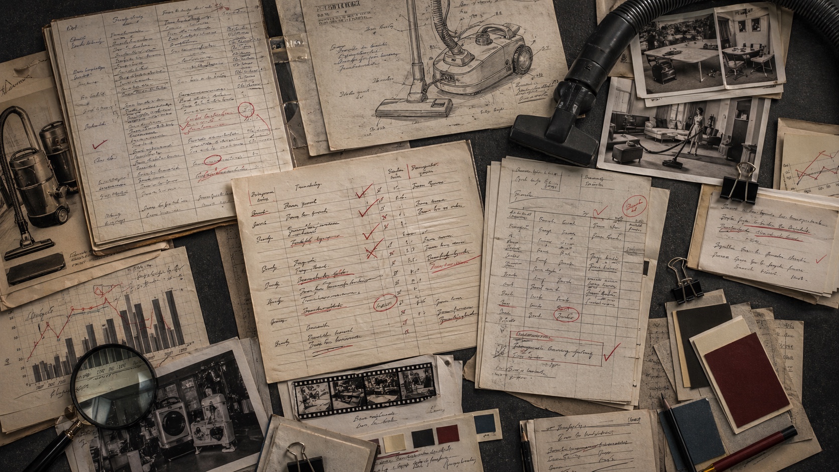 Editorial archive table with vacuum research, copy review notes, language ledgers, and marked slogan evidence