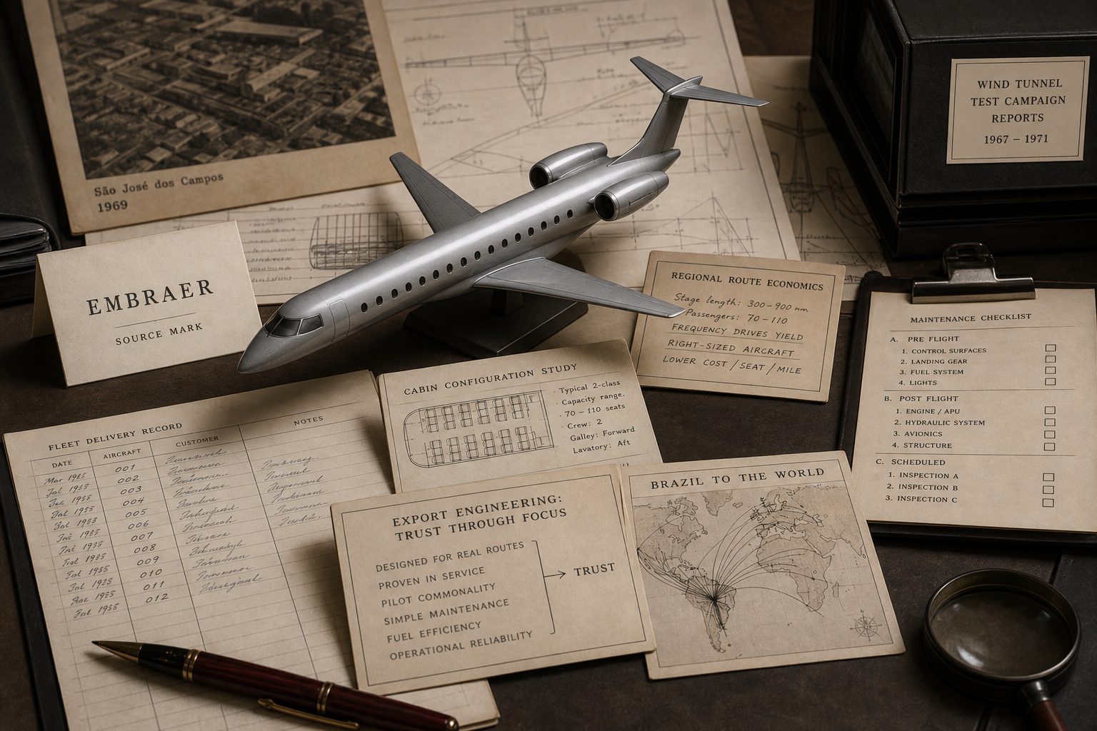 Premium editorial archive still-life of an Embraer regional jet engineering case with source-mark card, rights-safe aircraft model, Sao Jose dos Campos 1969 origin file, route economics card, cabin configuration study, delivery ledger, and maintenance checklist