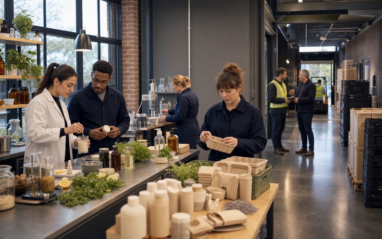 A contemporary English consumer-goods research and distribution environment connecting product development, packaging, and logistics.