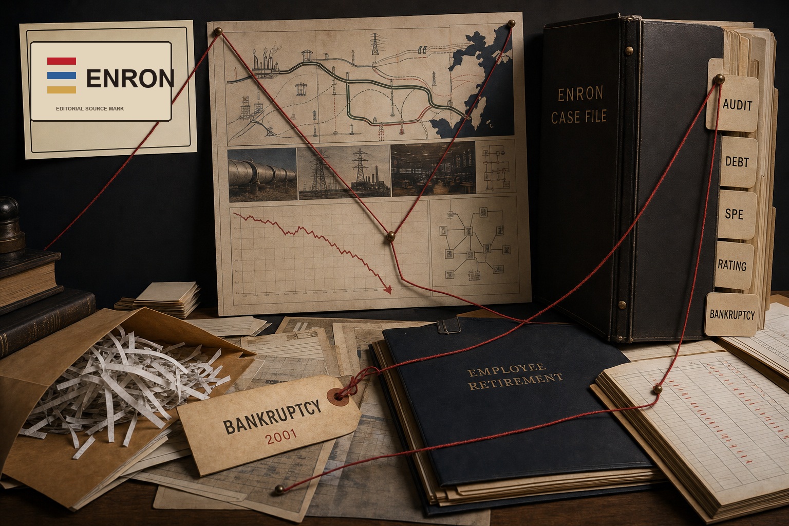 Premium editorial archive still-life of an Enron failed-brand case with source-mark card, energy-trading evidence board, audit tabs, debt file, special-purpose entity tab, bankruptcy tag, employee retirement folder, shredded-paper sleeve, and red trust-break thread