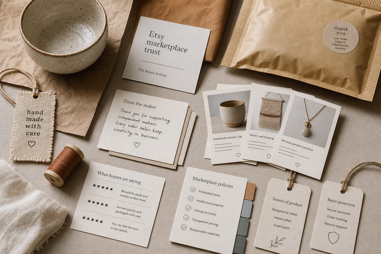 Premium editorial archive still-life of an Etsy marketplace trust case with handmade ceramic object, source-of-product tags, seller note, listing cards, review card, policy checklist, and shipping mailer