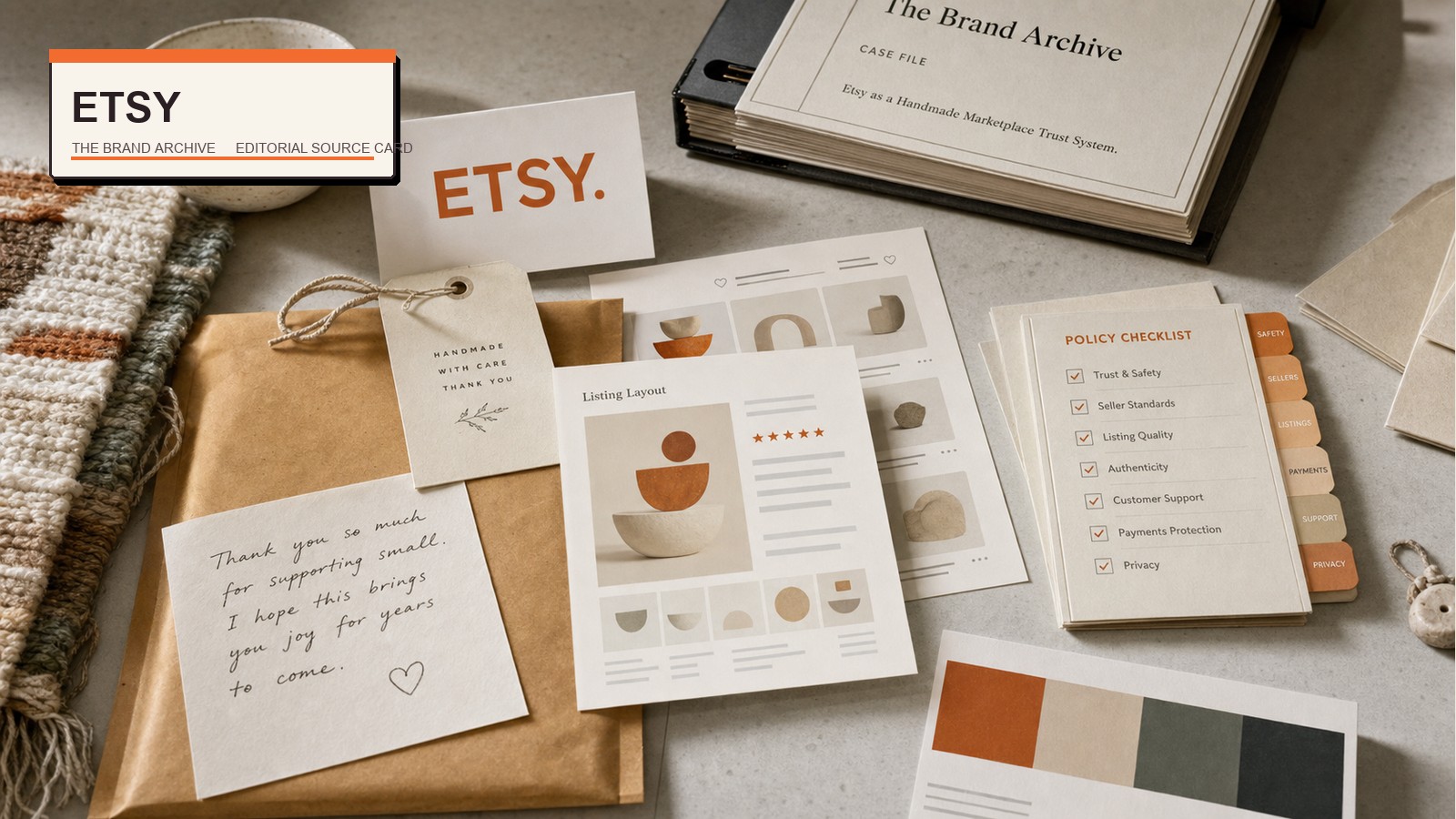 Premium editorial archive still-life of an Etsy handmade marketplace trust case with Etsy source-mark card, handmade ceramic object, craft tags, shipping mailer, seller note, listing cards, review marks, and policy checklist tabs