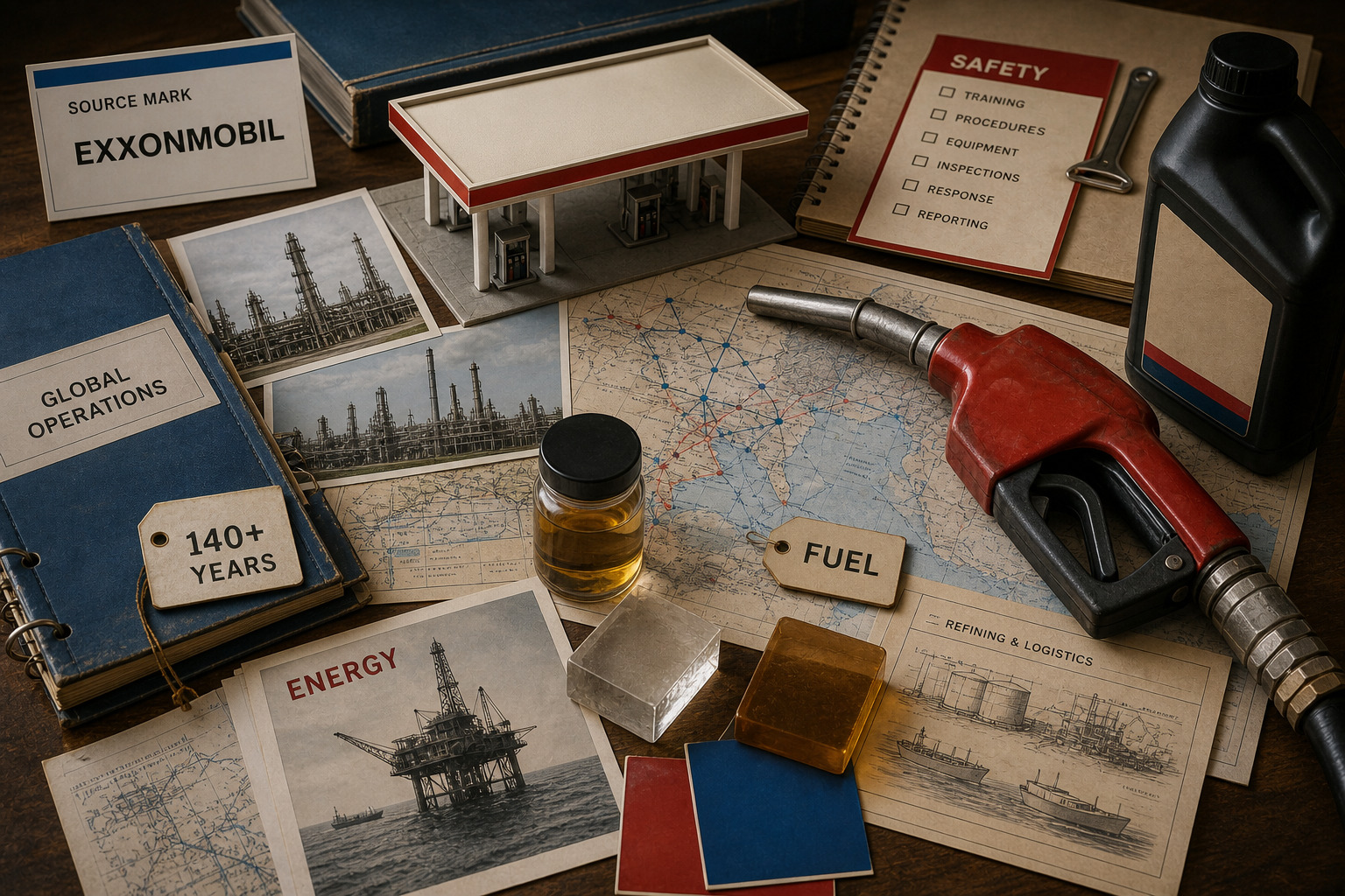 Premium editorial archive still-life of an ExxonMobil energy scale case with red and blue fuel swatches, service station canopy card, lubricant bottle silhouette, refinery route map, petrochemical block notes, safety file, global operations ledger, and 140-year history card