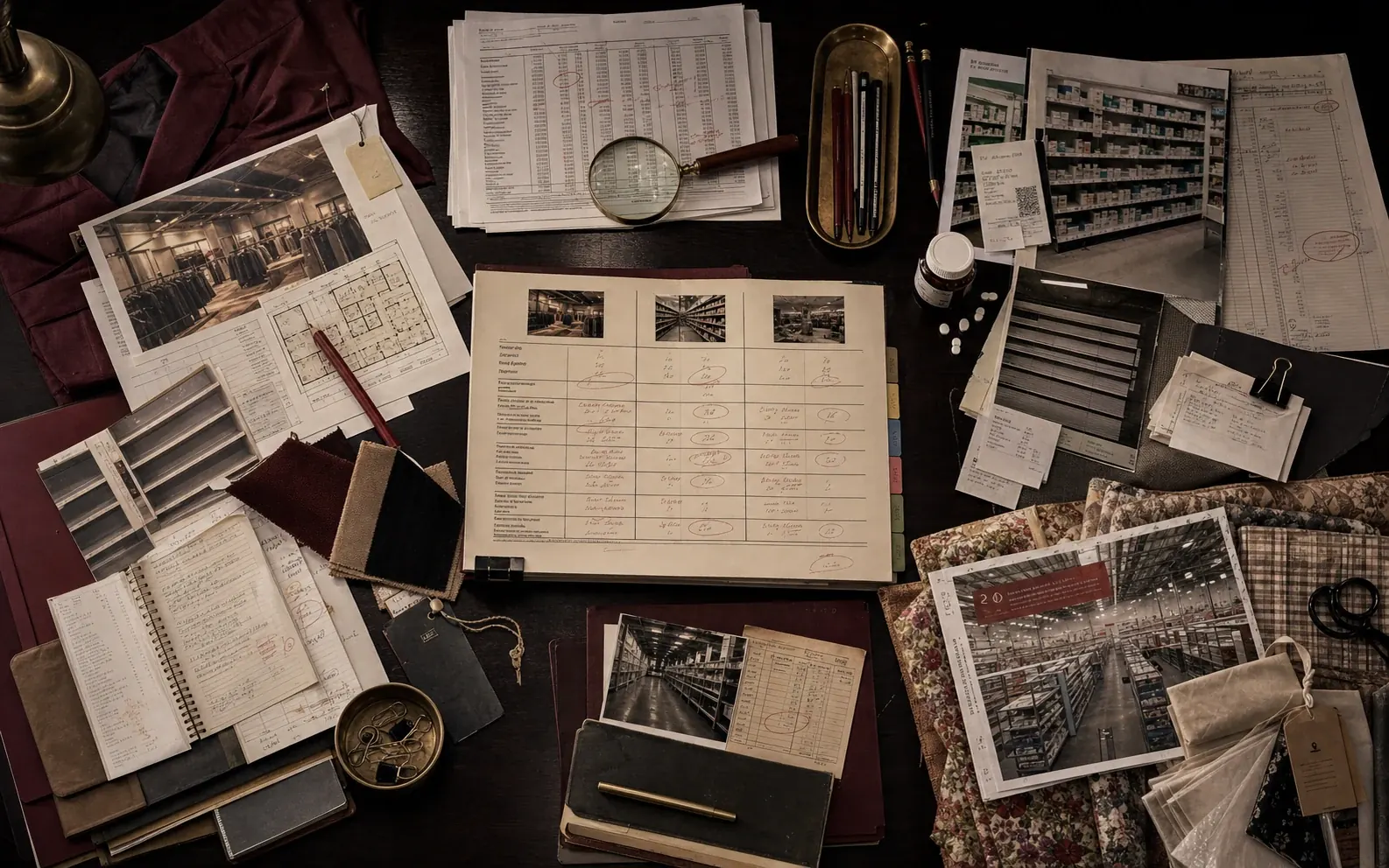 Retail, pharmacy, and craft-store evidence organized with financial ledgers, inventory records, and store-closure photographs.