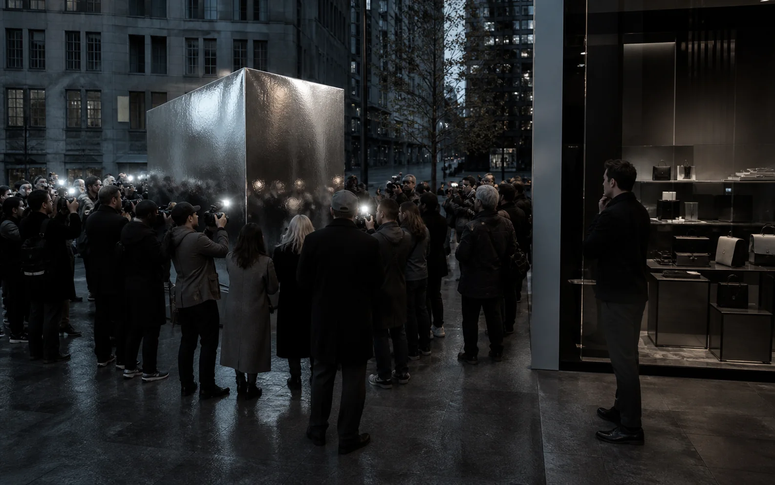 Crowd photographing a famous unmarked installation while a nearby purchase area remains quiet.