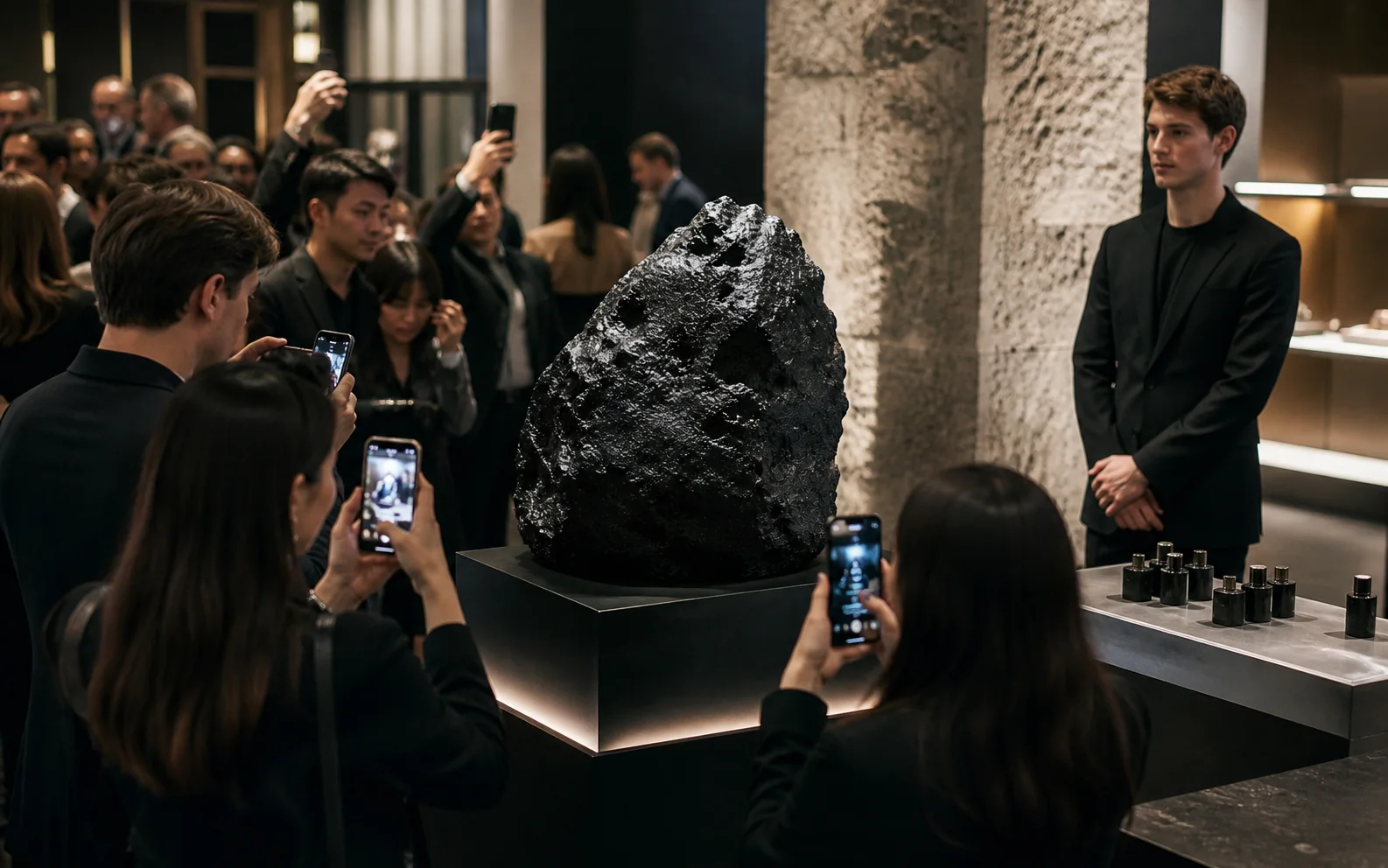 Launch visitors photographing a dramatic display while product samples remain untouched nearby.