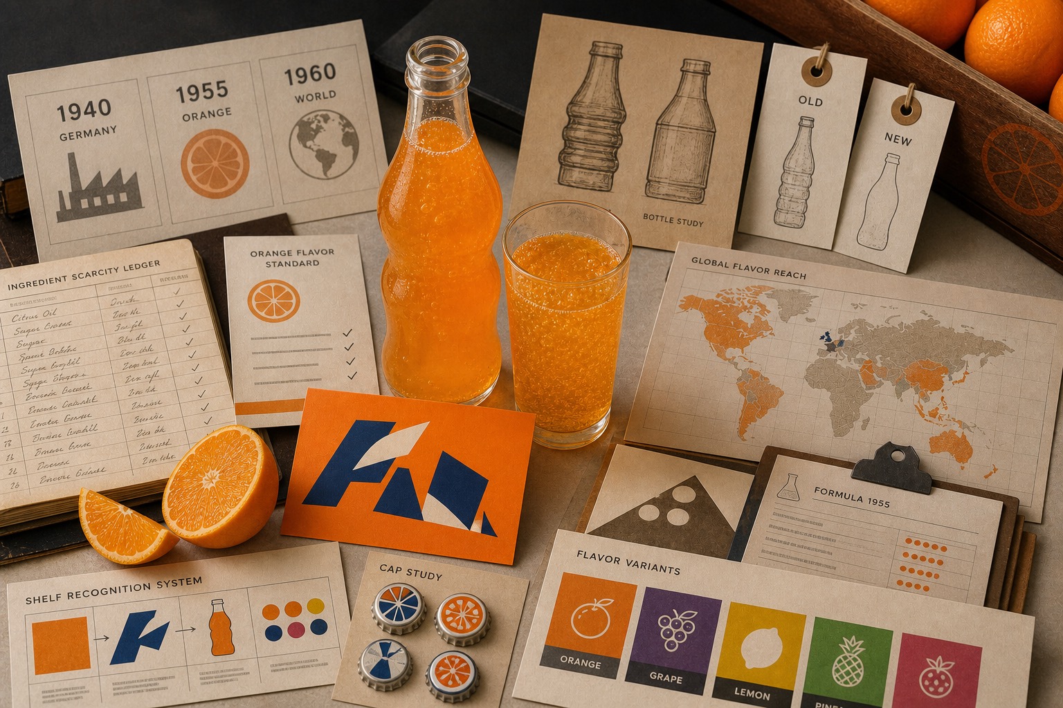 Premium editorial archive still-life of a Fanta orange flavor variety case with an orange soda bottle, glass, orange slices, source-mark card, 1940 and 1955 cards, flavor swatches, bottle studies, and global flavor map