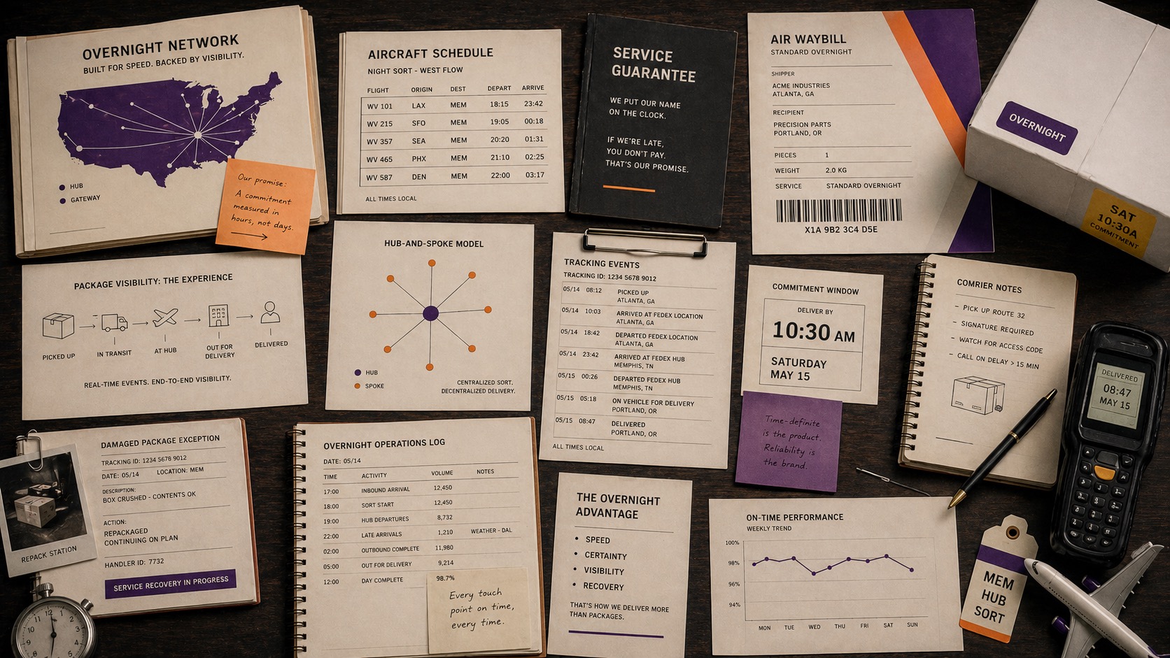 Premium editorial archive still-life of an overnight logistics case file with route maps, tracking logs, air waybills, service guarantee cards, and time-definite delivery notes
