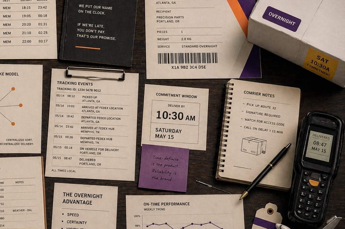 FedEx proof crop with tracking status board, package label, scanner, delivery notes, and recovery artifacts.