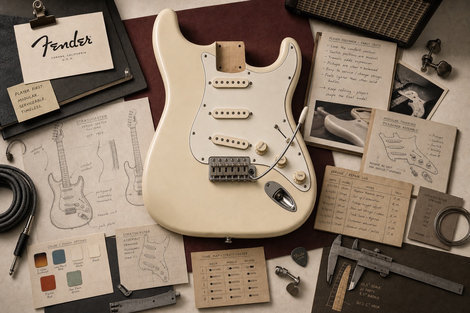 Premium editorial archive still-life of a Fender Stratocaster modular guitar case with a Fender source-mark card, central Stratocaster-inspired guitar body, pickguard assembly, pickups, tremolo bridge, cable, amp grille, strings, tone map, service ledger, player feedback notes, and color swatches