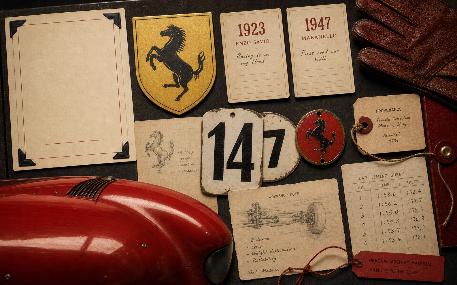 Premium editorial archive still-life of a Ferrari Prancing Horse racing-origin case with horse shield study, 1923 Savio card, 1947 Maranello card, racing number tags, red bodywork curve, glove, workshop note, and lap timing sheet