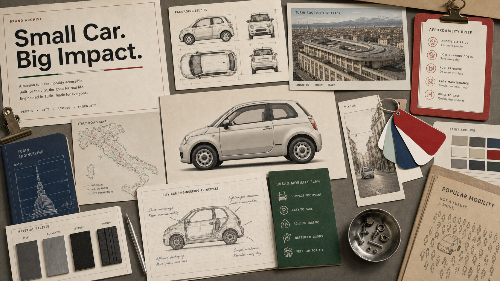 Premium editorial archive still-life of a Fiat Turin mobility case with generic compact city-car silhouette, factory architecture card, small-car packaging sketches, Italy road map, affordability cards, paint swatches, and engineering notes