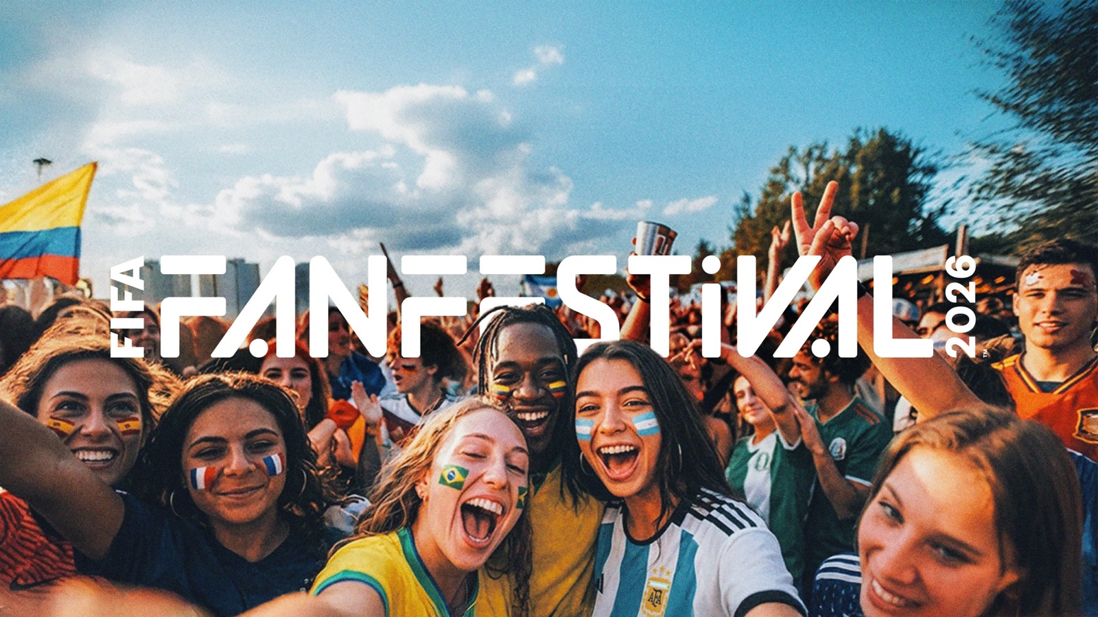 Fans from several countries at a FIFA Fan Festival 2026 campaign scene.