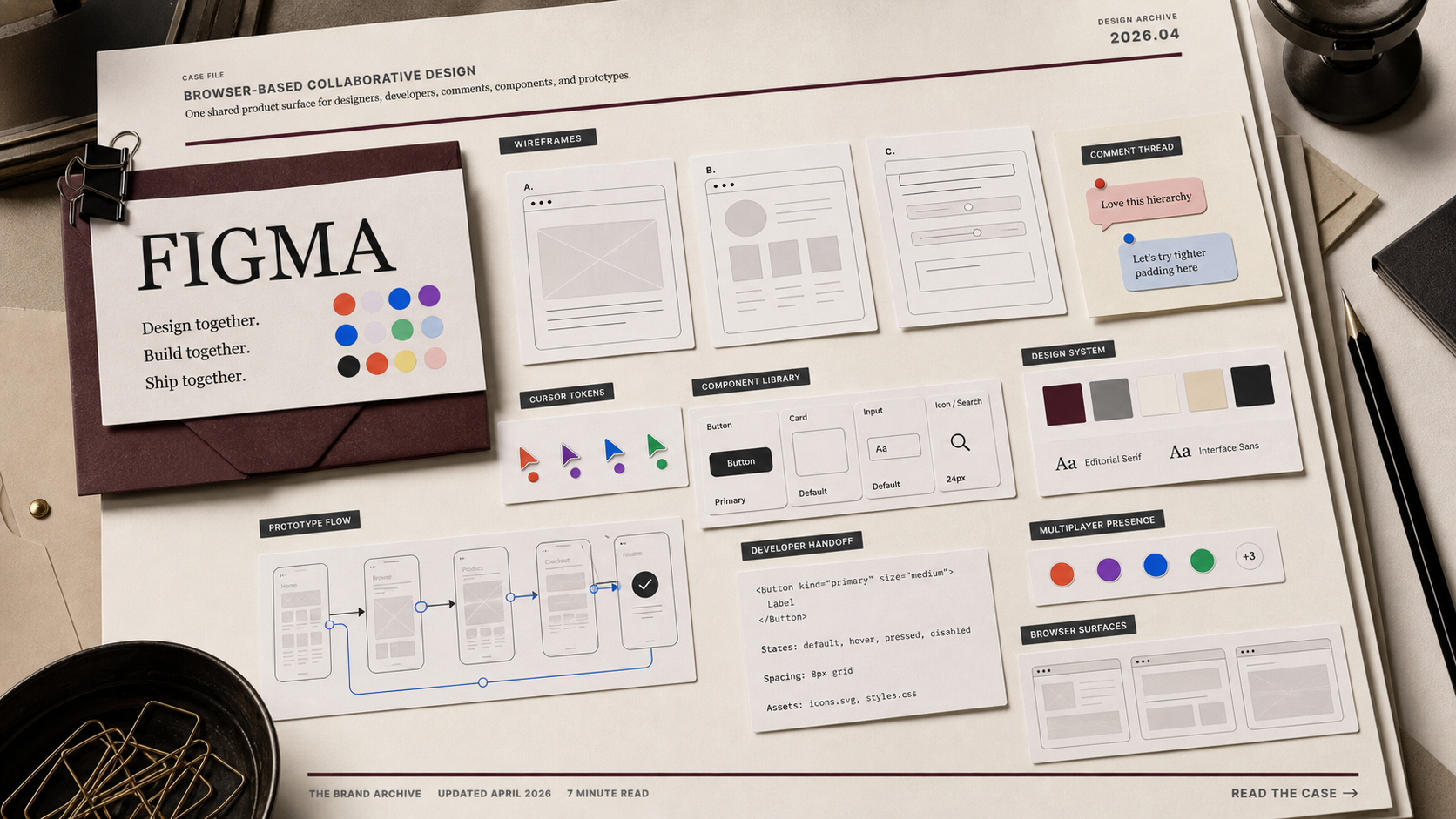 Premium editorial archive still-life of a Figma collaborative design case with source-mark card, wireframe cards, cursor tokens, comment pins, component tiles, prototype flow, design-system swatches, and developer handoff note
