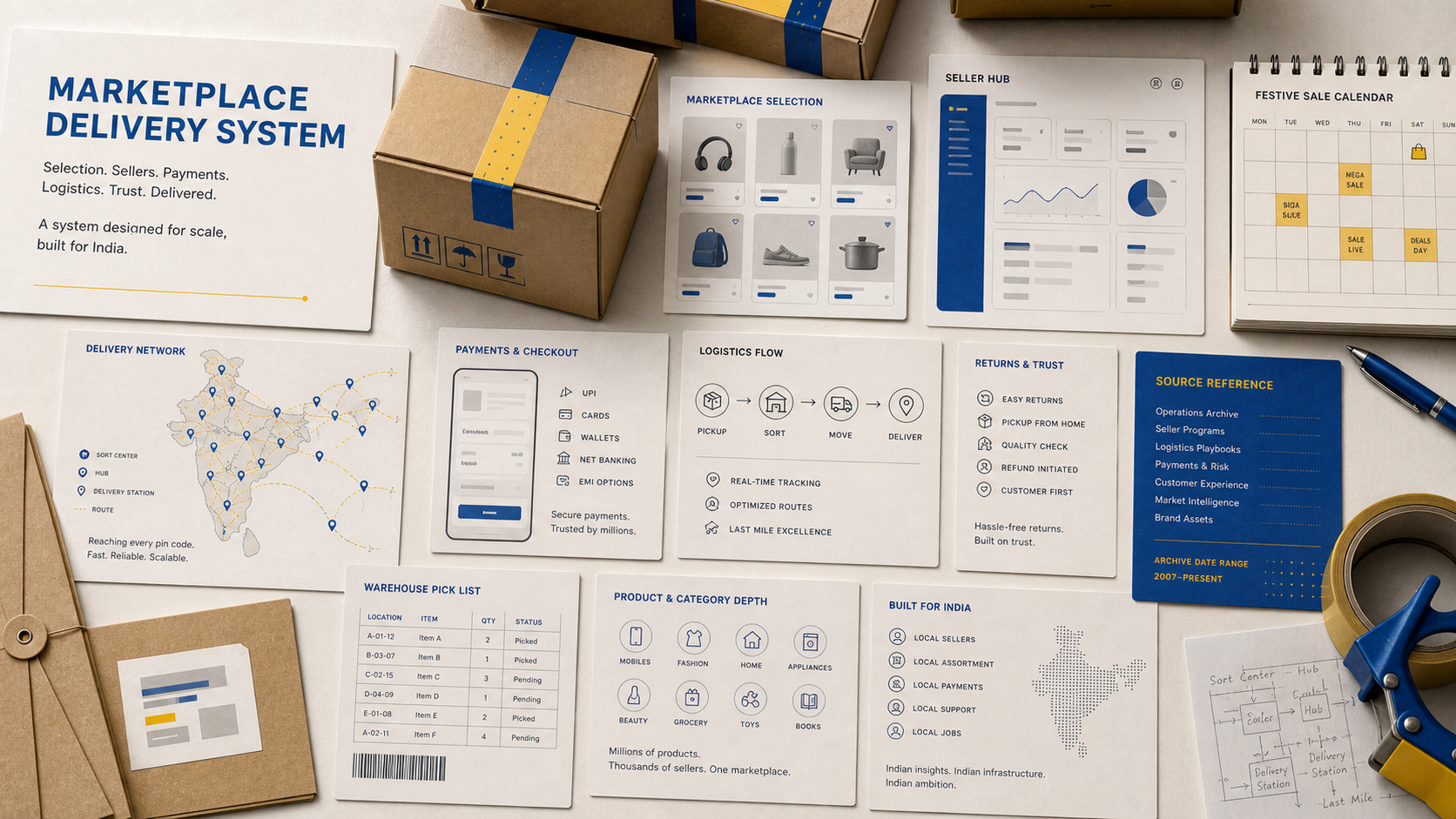 Premium editorial archive still-life of a Flipkart marketplace-delivery trust case with parcel stack, marketplace product-card sheet, seller dashboard card, delivery route map, festive sale calendar, checkout card, warehouse pick-list, and returns checklist