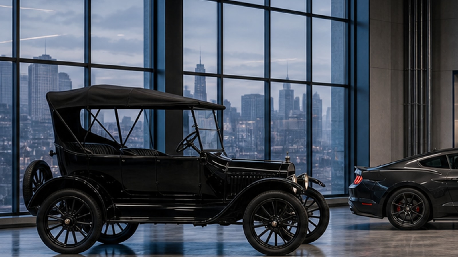 Early Model T style open touring car in a design studio.