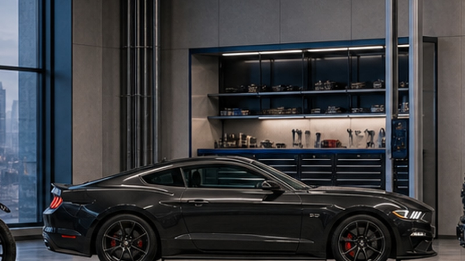 Modern Mustang style fastback coupe in side profile.