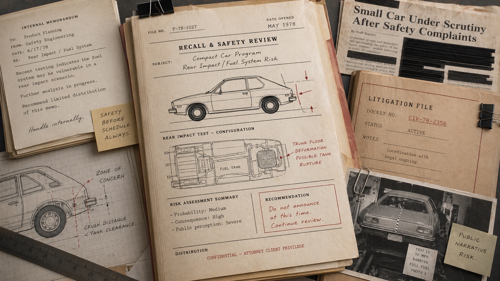 Premium editorial archive still-life of a compact car outline, rear-impact diagram, safety memo, and recall file