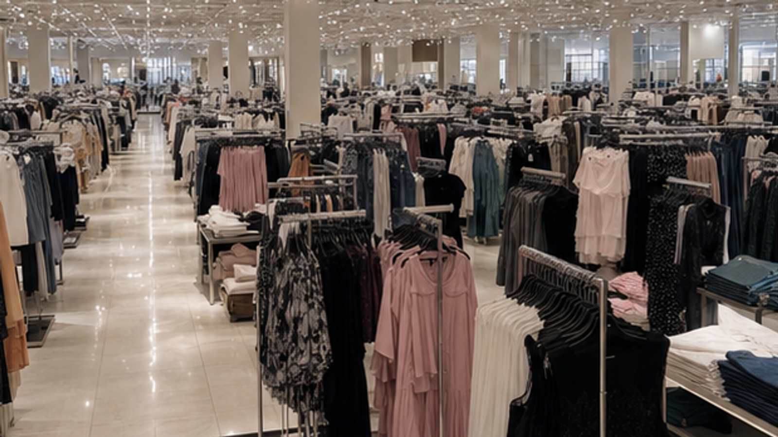A vast fast-fashion store floor with dense apparel racks and long sightlines.