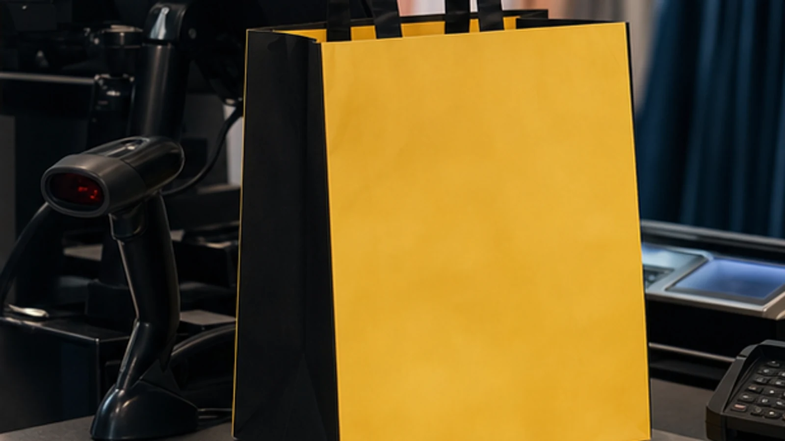 A blank yellow and black shopping bag at a fast-fashion checkout.