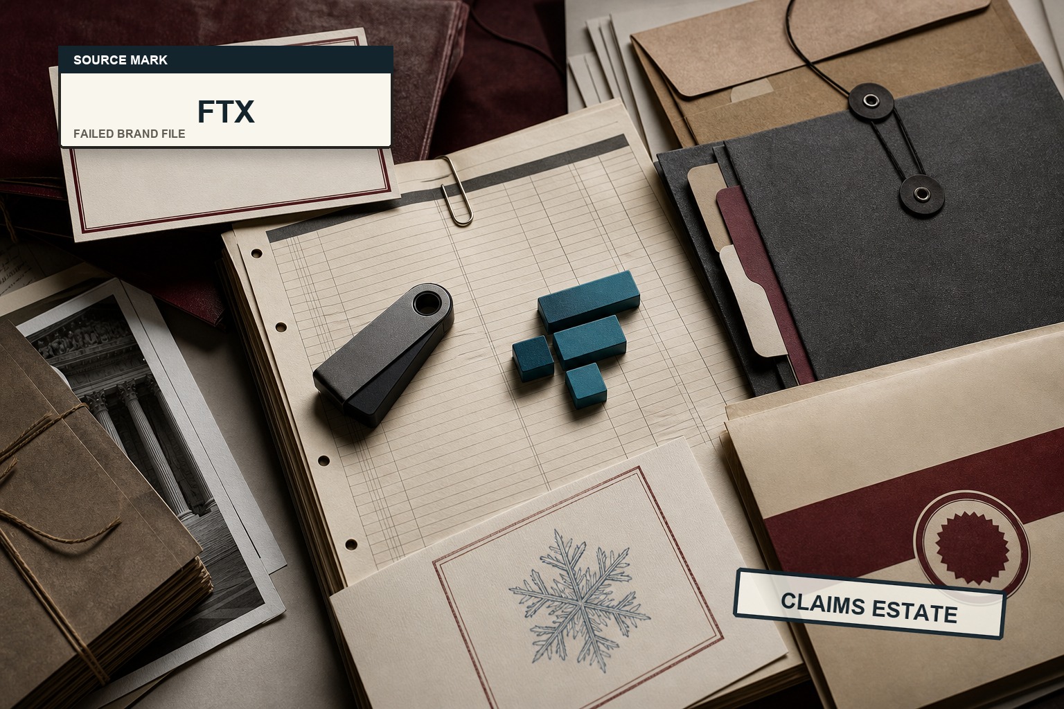 Premium editorial archive still-life of an FTX failed-brand case with exchange account card, custody ledger, red freeze stamp, claims distribution note, court docket tab, and trust-risk evidence