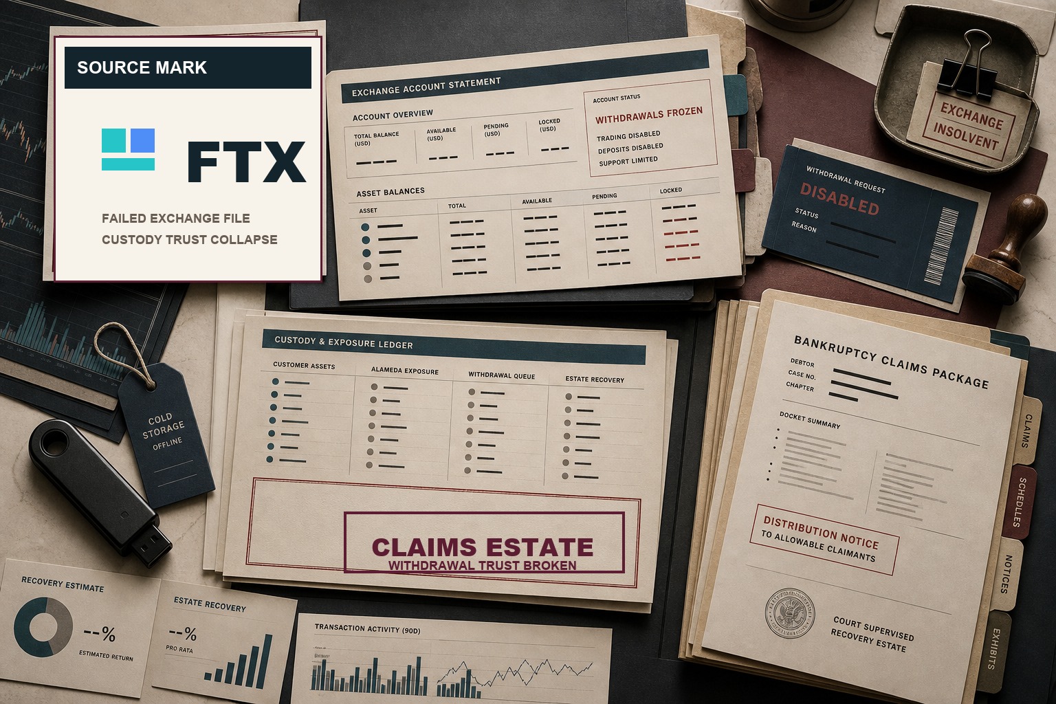 Premium editorial archive still-life of an FTX failed-brand case with frozen withdrawal statement, custody ledger, claims estate stamp, bankruptcy packet, cold-storage tag, and trust-risk evidence