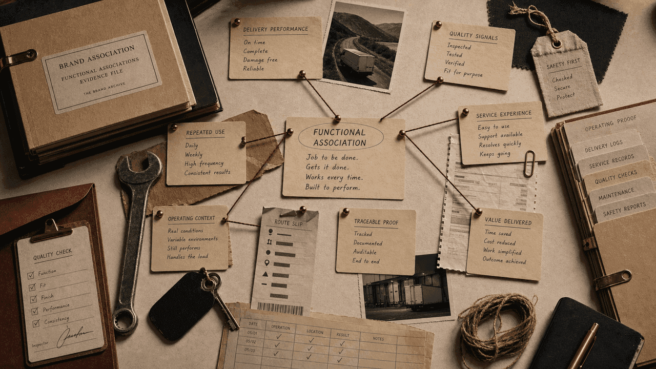Premium archive-table still-life for functional brand associations with route slips, service receipts, quality cards, safety tags, and an operating ledger.