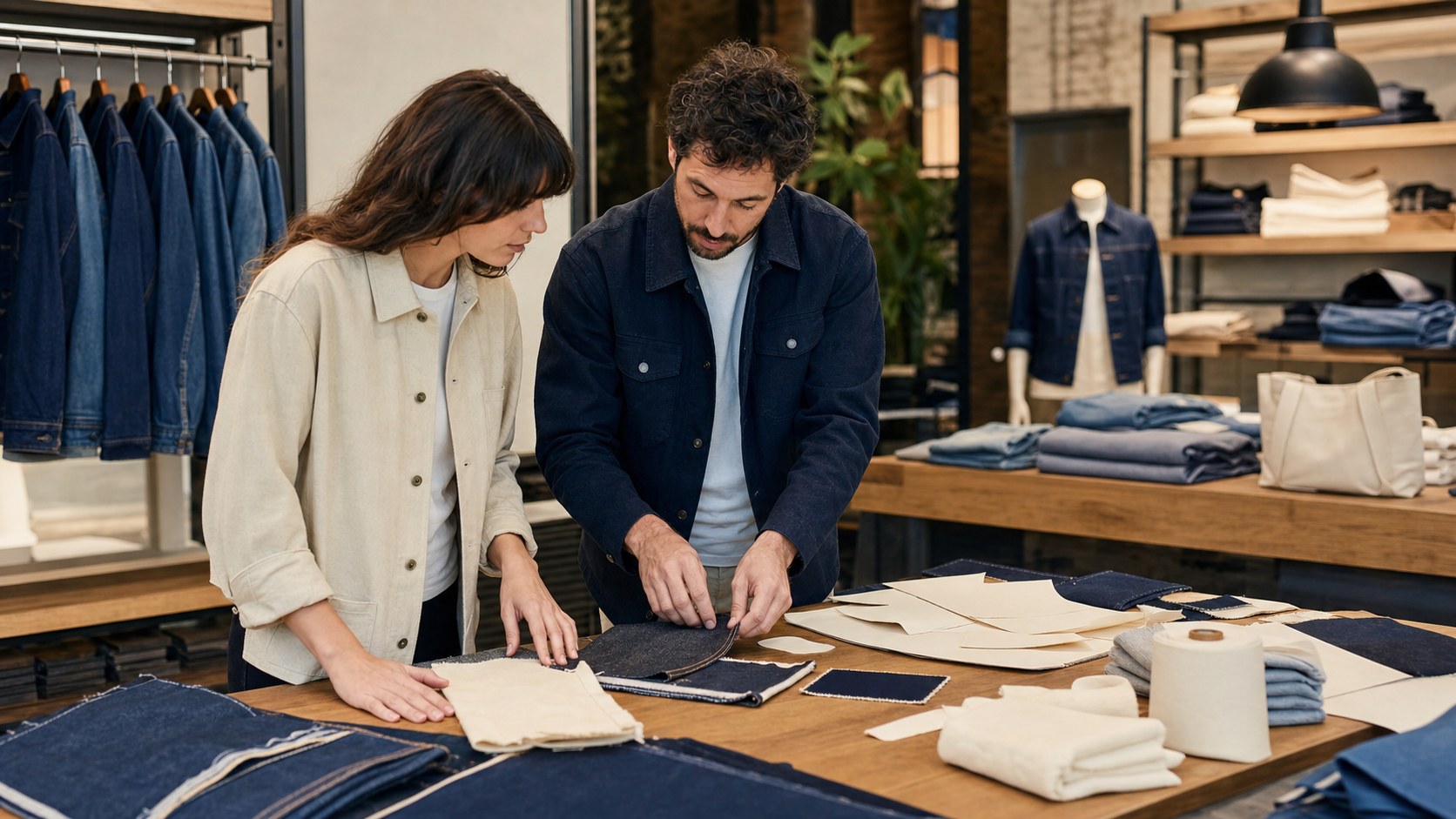 Apparel designers reviewing indigo denim, cream cotton, stitching, and navy color materials in a casualwear studio.