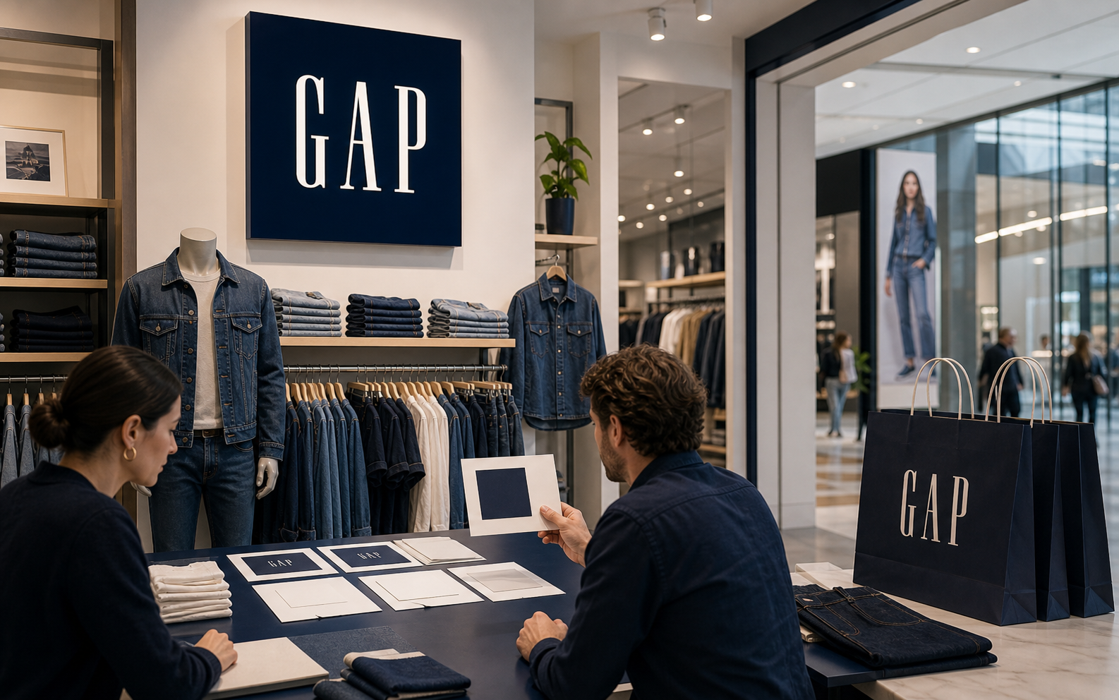 Photorealistic Gap apparel retail store with denim wall, classic blue square sign, shopping bags, and identity materials.