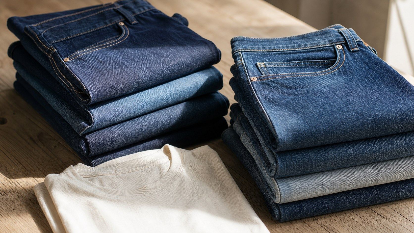 Folded indigo denim and a cream cotton T-shirt photographed in natural light.