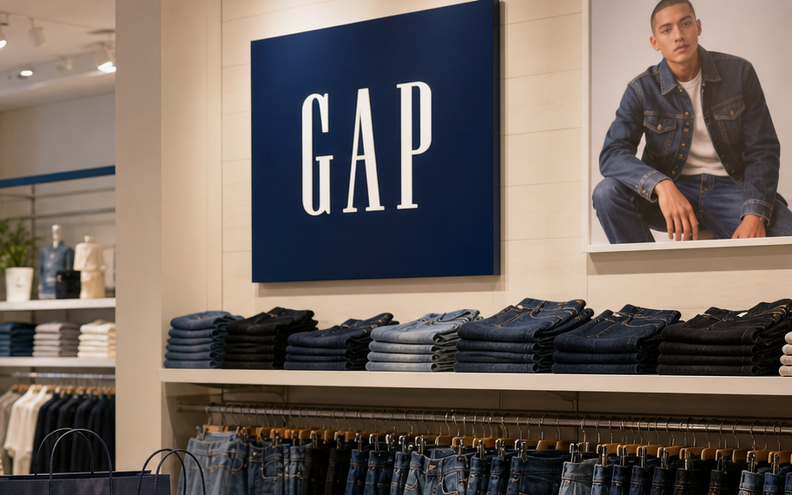 Gap denim wall and classic blue square signage inside an apparel store.