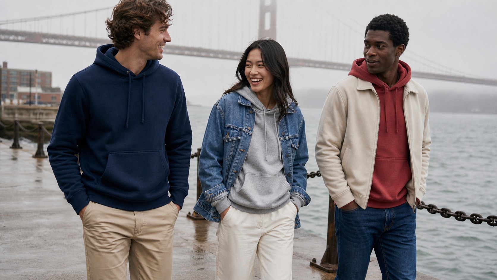 Three adults wearing fleece hoodies and denim layers on a foggy waterfront walk.