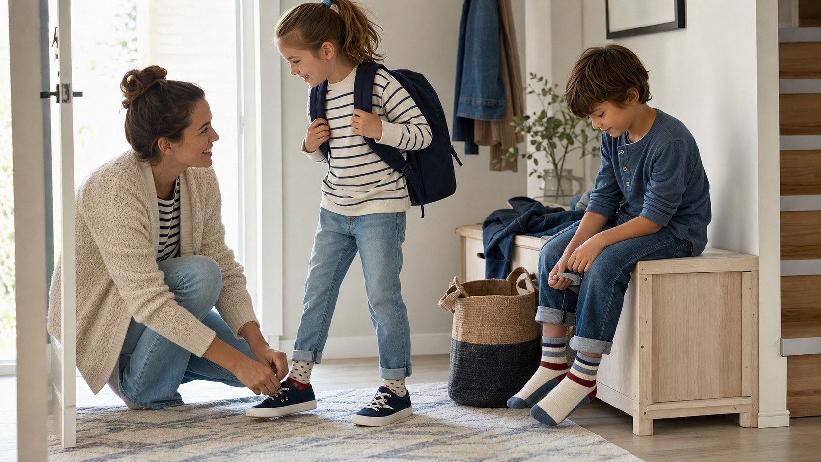 Parent and two children wearing coordinated cotton, knit, and denim basics at home.